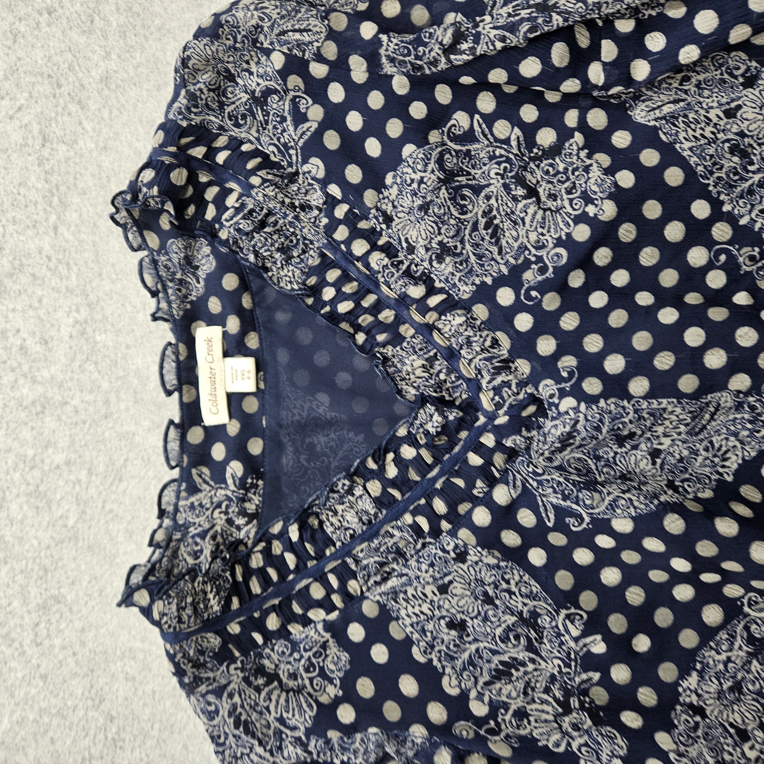 Coldwater Creek Women PXS Navy Paisley Polka Dot 3/4 Sleeve Top