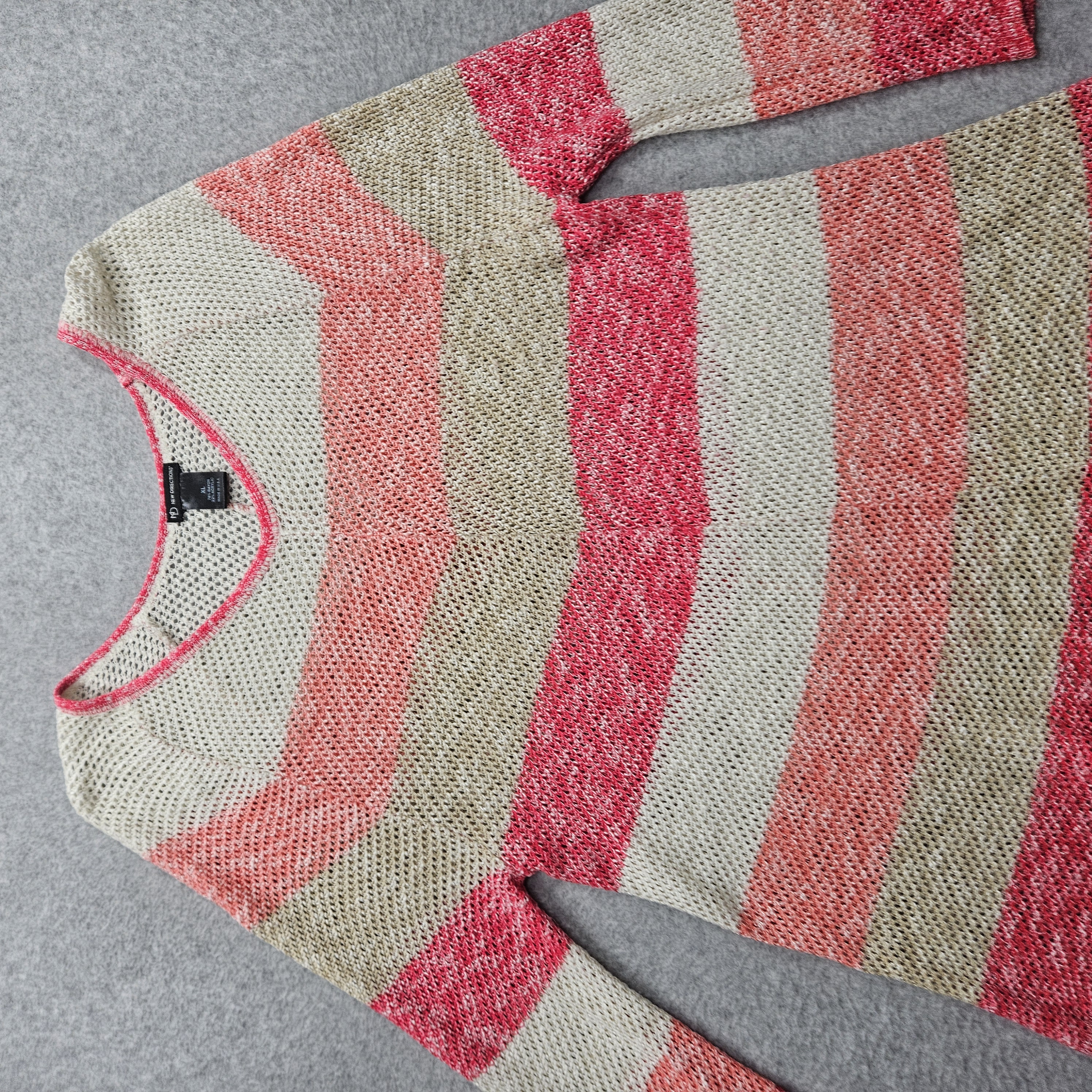 New Directions Women XL Stripe Open Knit V Neck Sweater Tunic Top