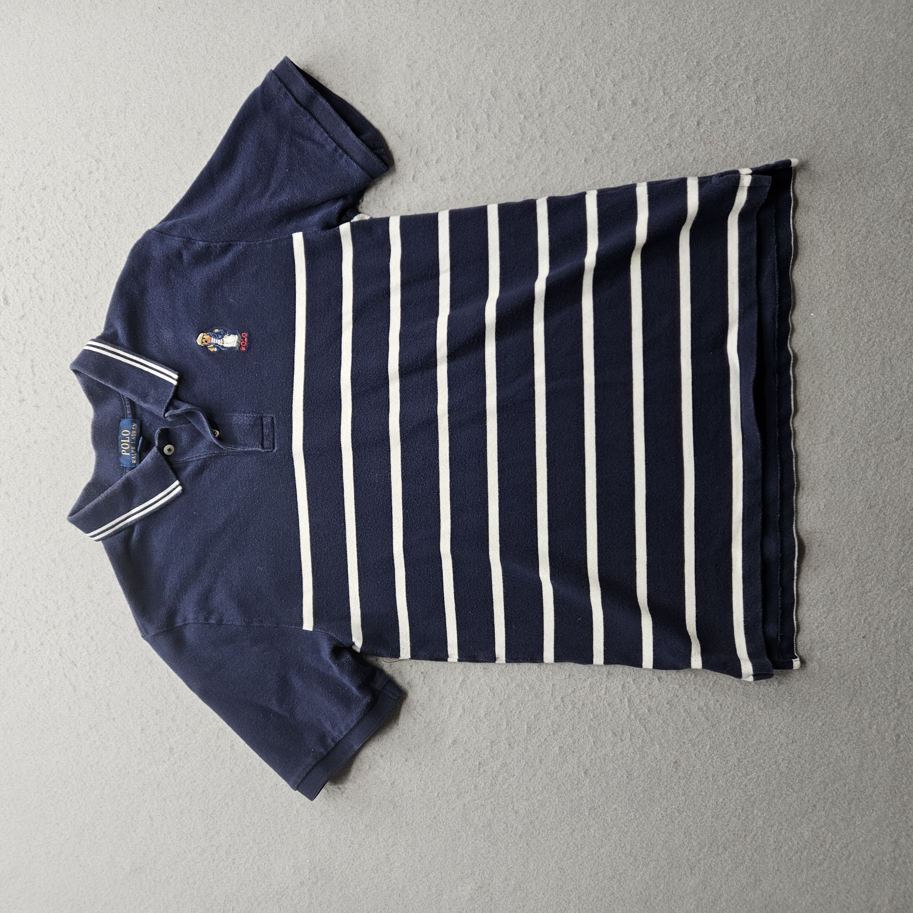  Polo Ralph Lauren Bear Embroidery Boys XL Navy Blue Striped Polo Shirt