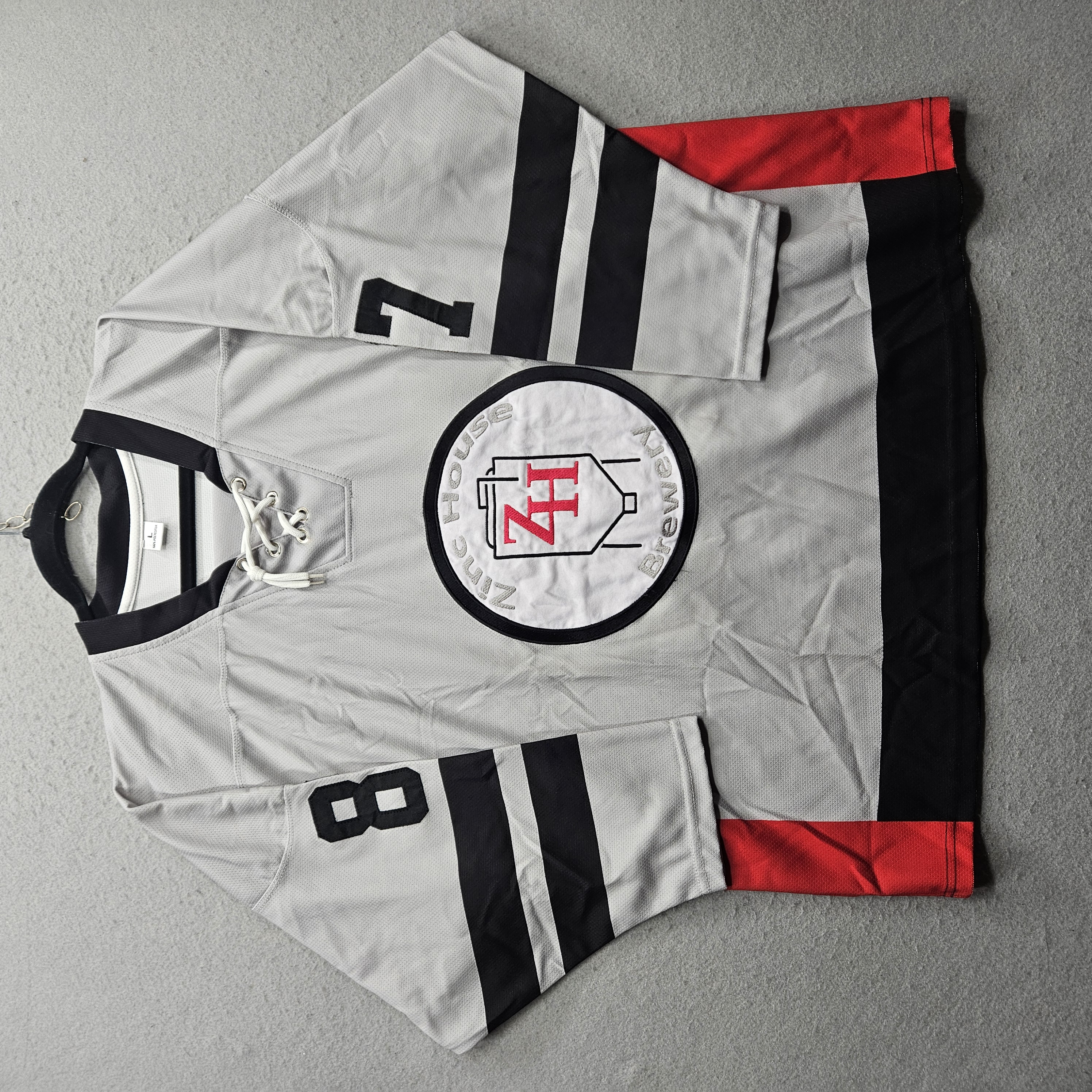 Zinc House Brewery Men's Size Large Gray Black Red Long Sleeve Hockey Jersey